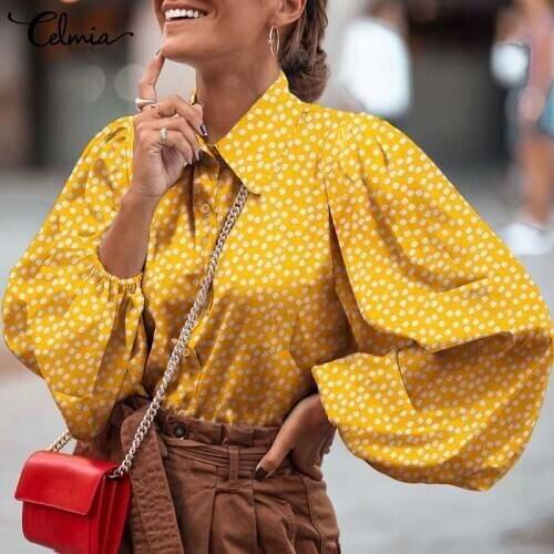 Chic Top Fashion Women Printed Shirts 2021 Celmia Lantern Sleeve Blouses Elegant Office Lady Lapel Buttons Casual Loose Blusas 7