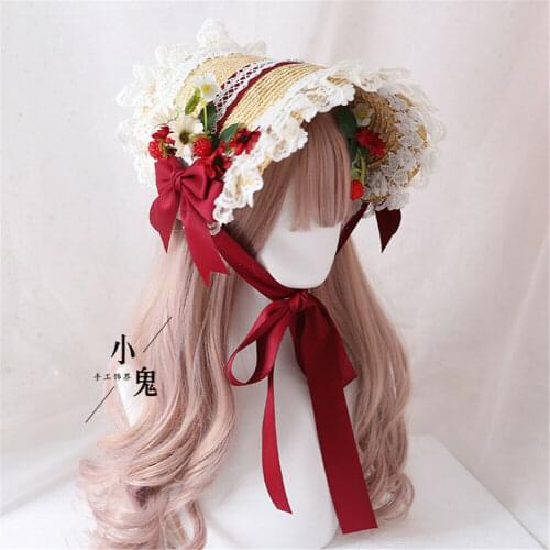 Elegant Lolita Bonnet Women Sun Hat with Ruffled Lace Trimming Mori Girl Retro Sweet Ribbon Straw Cap