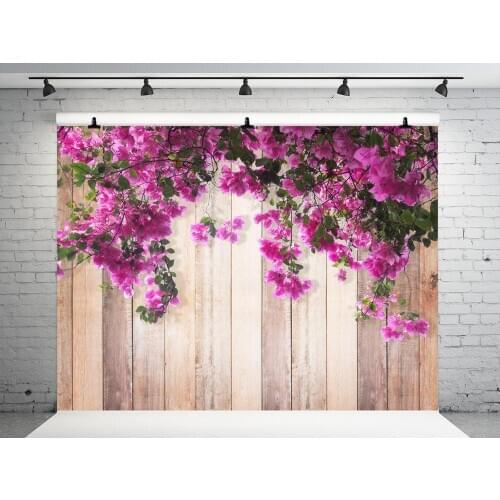 VinylBDS 7x5ft Wood Plank Backdrop Purple Flowers Wall Photography Retro Wood Flowers Photo Booth Backdrops Props