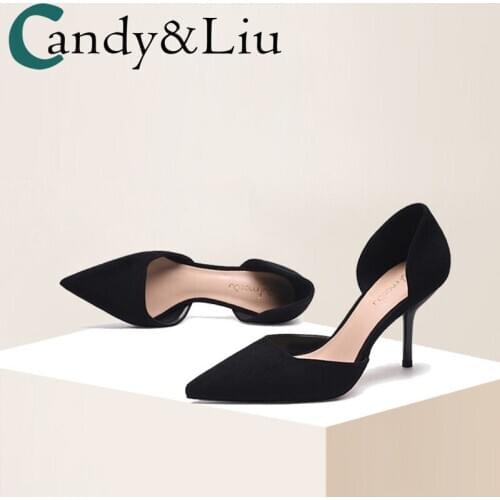 High Heels Womens Thin Heeled Black 5cm Hotel Work Shoes Interview Work Shoes Nude Hallow Pointed-Toe Semi-high Heeled Shoes