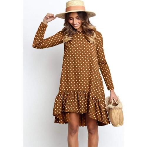 Women Autumn Dress Fashion Polka Dot Chiffon Dress Long Sleeve O Neck Ruffle Female Casual Yellow Dress 2021 Retro Vestido Mujer