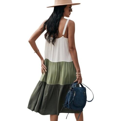 Womens Colorblock Sling Dress Sleeveless High Waist Flowy Dress Large Swing HSJ88
