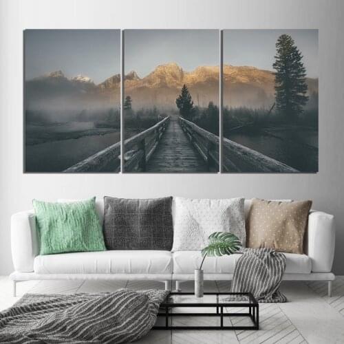 3 Piece Wood Bridge River and Forest Scenery Poster Pictures Prints Canvas Modular Decorative Painting Living Room Home Decor
