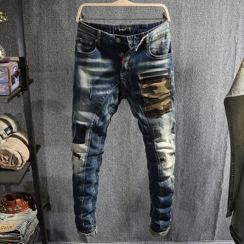 Fashion Streetwear Men Jeans Retro Blue Slim Fit Elastic Ripped Jeans Men Camouflage Pocket Hip Hop Pants Spliced Biker Jeans