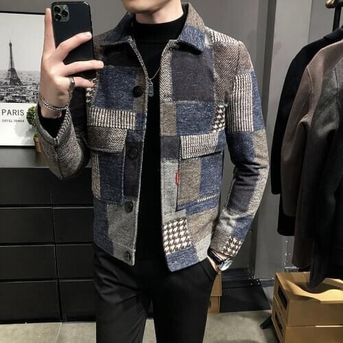 Mens Jacket Autumn Handsome Youth Plaid Color Matching Woolen Jacket Mens Slim Lapel Short Woolen Windbreaker Jacket