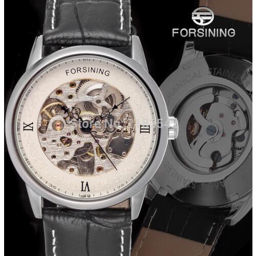 Famous brand Forsining FSG8046M3S1 new Automatic silver color men wristwatch black leather strap shipping free