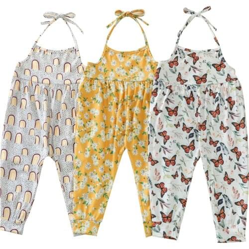 Summer New Casual Toddler Girls Halter Jumpsuits Floral Trendy Printed Sleeveless Rompers with Pockets For Kids Girls Homewear