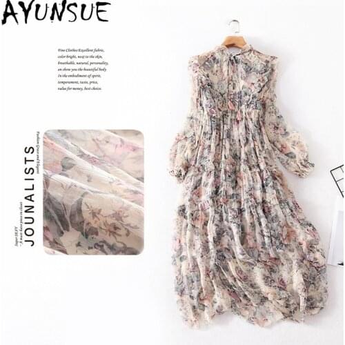 AYUNSUE 2021 Spring Summer Dresses for Women 100% Real Silk Dress Woman Floral Elegant Dress Long Boho Clothes Vestido De Mujer