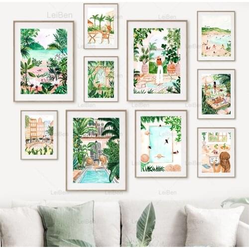 Beach Pool Moroccan Tropical Jungle Swing Meadow Wall Art Canvas Painting Posters and Prints Wall Pictures for Living Room Decor