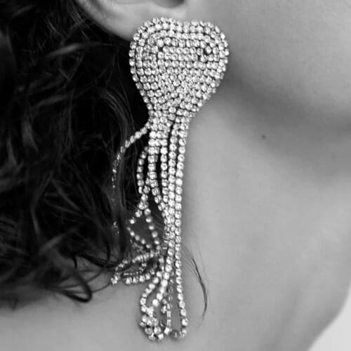 Vedawas Luxury ZA Heart-shaped Earrings for Women Boho Rhinestone Shiny Hanging Fringed Tassel Earrings Wedding Party Jewelry