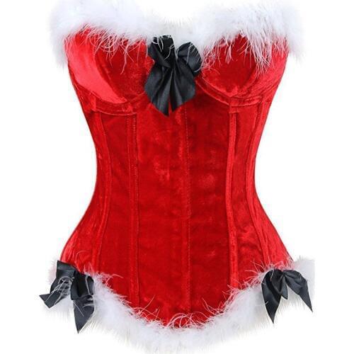 Christmas costume flannel bow fur overbust zipper red sexy lingerie corset top gorset vintage push up korset erotic corselet