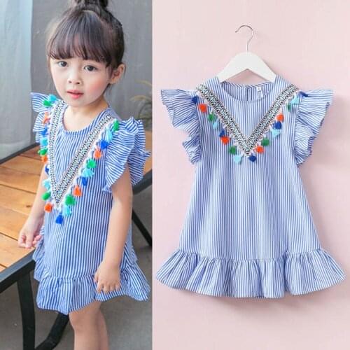Tassel Decoration Dress for Kids 2021 Striped Summer Clothing Flare Sleeve A-Line Dress O-Neck Girls Cute Princess Dress
