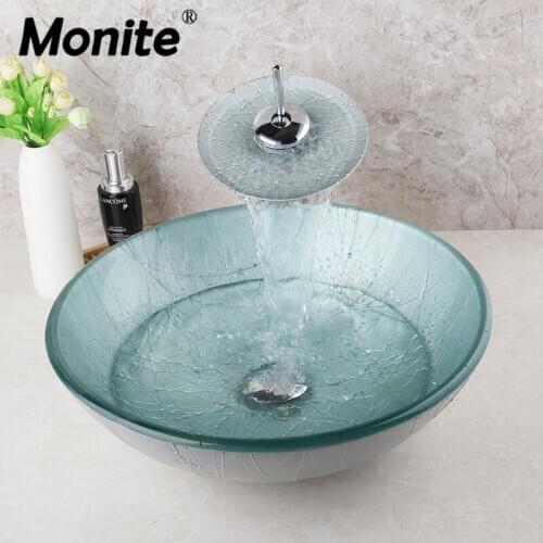 Monite Washbasin Lavatory Tempered Glass Sink Waterfall Chrome Brass Basin Sink Faucet W/ Pop Drain Combine Faucet Mixer Taps