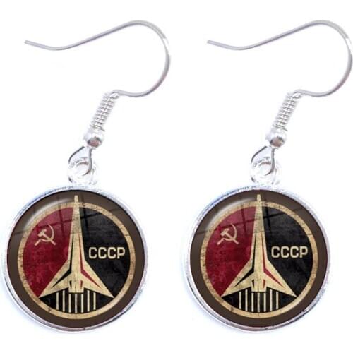 USSR Soviet Badges Sickle Hammer Drop Earrings CCCP Russia Emblem Communism Sign 16mm Glass Cabochon Ear Jewelry For Women Girls