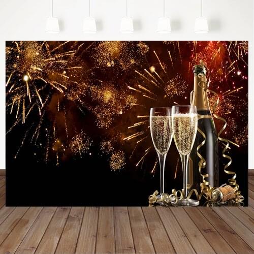 Champagne Gold Ribbon Happy Birthday Backdrop Night Fireworks Birthday Party Photography Background Custom Vinyl Banner Backdrop