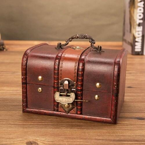 Vintage Wooden Storage Box Pirate Treasure Chest Jewelry Bracelet Pearl Ring Bank Organizer Saving Box Case With Lock