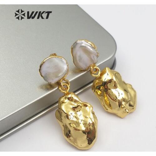 WKT WT-E490 New Products Natural Baroque Pearl Womens Gifts Irregular Golden Colour Earrings