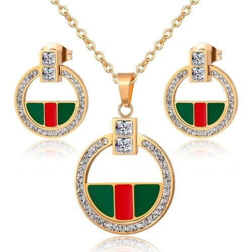 Luxury Full Crytals Pendant Necklace Earrings Sets Stainless Steel Collar Clavicle Necklaces for Women Collier Fashion Jewelry