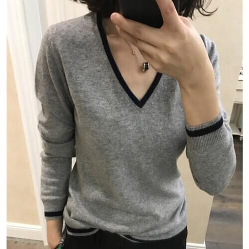 2020 High Quality Cashmere Sweater Women Autumn Pullover Solid Knitted V-neck Sweater Outerwear Tops Female Fashion Sweater