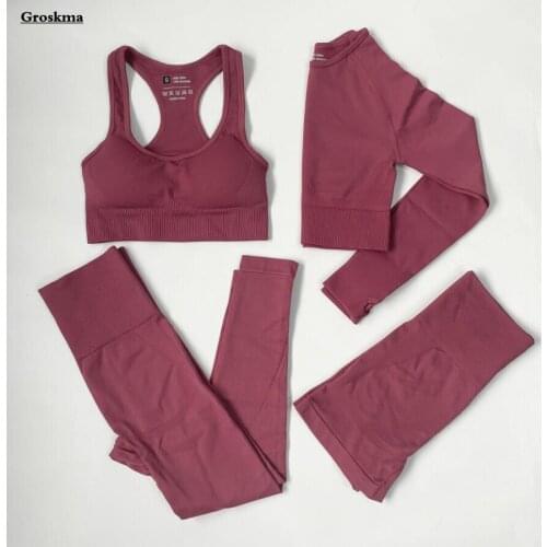 Seamless Yoga Suits Women Long Sleeve Crop Tops+Bra+Shorts+Pants Fitness Gym T Shirt Workout Sports Running Leggings High Waist