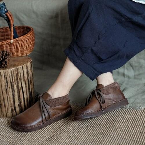 Handmade Genuine Leather Flat Boots Lace-Up Soft Ankle Booties Mori Girl Oxfords Designer Shoes Combat Boots Coffee/Beige/Brown