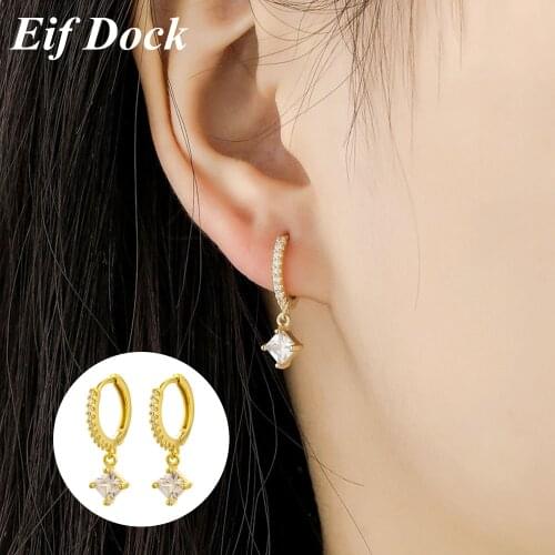 Eif Dock Silver Gold Hoop Earrings For Women Girls Gift Luxury Square Zircon Pendant Small Circle Earring Party Jewelry