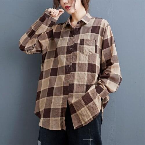 Cotton Plaid Turn-Down Collar Casual Blouses Tops Spring Autumn New Arts Style Women Long Sleeve Loose Shirts 100