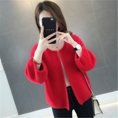 Women Autumn Short Cardigan Coat Faux Mink Fur Knitted Three Quarter Sleeve Cardigans Knitwear Female Fall Knitting Outwear 3311