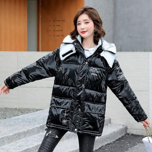 Womens Winter Jacket Hooded Shiny Woman Parkas Solid Casual Glossy Plus Size Cotton Padded With Zipper Loose Thick Coat Outwear