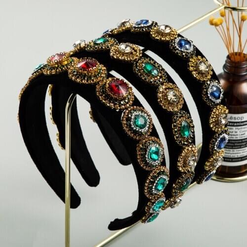 Fashion Baroque Shiny Color Crystal Headband Women Elegant Geometric Round Rhinestone Hair Band Womens Party Hair Accessories