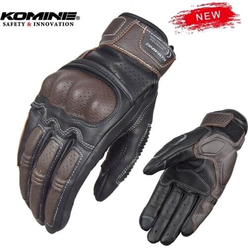 KOMINE Motorcycle Gloves Vintage Brown Man Racing Genuine Leather Motorbike Road Racing Team Gloves Black Summer MTB Breathable