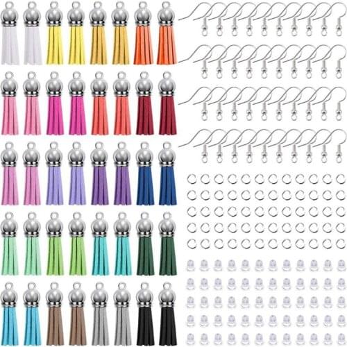 200 Pieces Keychain Tassel Earrings Making Set Contains Colorful Leather Tassels Earring Hooks for Jewelry Making