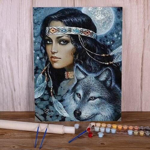 Indian Wolf Animal DIY Paint By Numbers Kit Oil Paints 50*70 Canvas Pictures Home Decoration For Wholesale