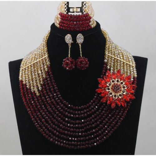 Fancy Royal Nigerian Wedding African Beads Jewelry Set Crystal Beads Fuschia and Champagne 10 Layers Free Shipping ALJ680