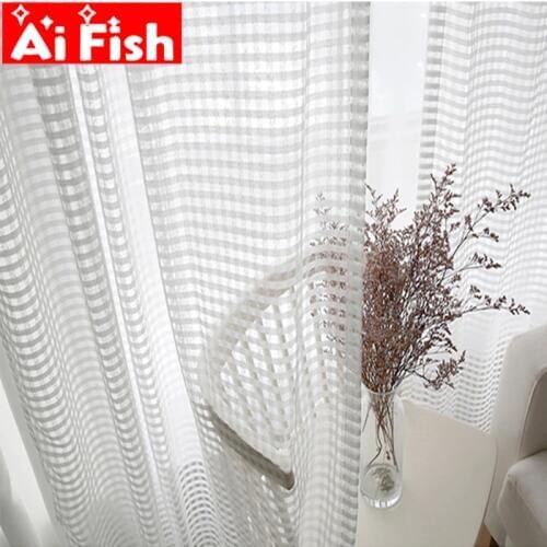 Korean and Japanese Nordic Pure White Plaid Warp knitting Tulle Curtain For Living Room Simple Dexoration for Balcony M233-20
