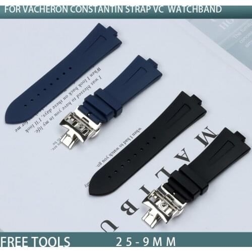 25mm-9mm Black Blue Soft Silicone Rubber Watch band For Vacheron Constantin strap VC p47040 Watchband Wristband Bracelet Tools