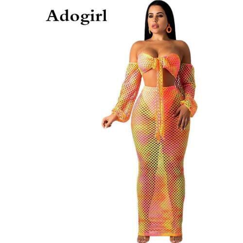 Tie Dye Fishnet Sheer Sexy 2 Piece Set Women Hollow Out Crop Top + Maxi Skirt Summer Beach Outfits Plus Size Matching Sets