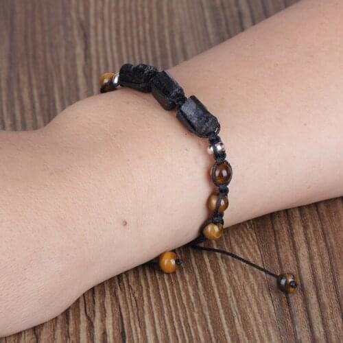 1 PCS Charm Natural Rough Black Tourmaline Healing Stone Bead Yellow Brown Tiger Eye Nylon Rope Adjustable Weave Bracelet Unisex