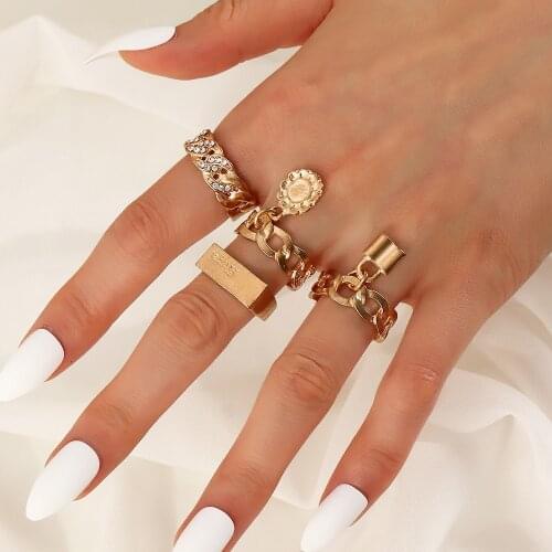 Sindlan 4Pcs Vintage Crystal Gold Lock Ring for Women Punk Chain Sun Anxiety Set Couple Boho Fashion Jewelry Bague Femme Anillo