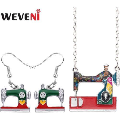 WEVENI Original Enamel Alloy Sewing Machine Earrings Necklace Pendant Trendy Tools Jewelry Sets For Women Girl Gift Bijoux Hot