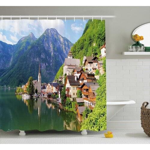 Nature Shower Curtain Idyllic Alps Village Small Town by Majestic Mountain Lake European Pastoral Scenery Bathroom Curtains