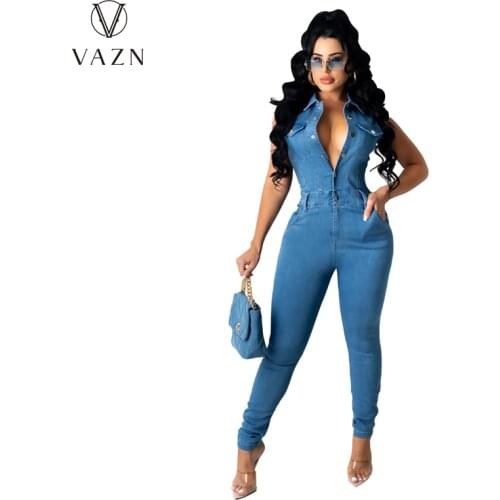 VAZN 2021 New Deep V-neck Shinny Solid Sexy Lady Women Party Beach Jumpsuits Full Pant Bandage Rompers