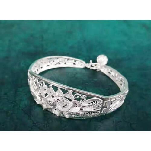 Bastiee Lotus Flower 999 Sterling Silver Bangles For Women Hollow Out Cuff Bracelet Vintage Miao Silver Handmade Bangle Ethnic