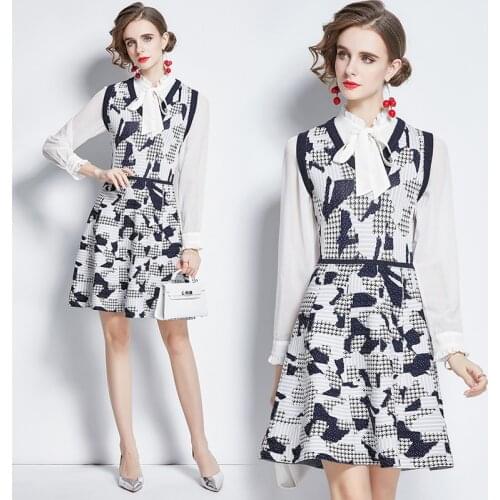 Houndstooth Print Women Long Sleeve Mini Dress 2020 Autumn Spring Office Lady Elegant Slim Colorblock Long Sleeve Work Dress