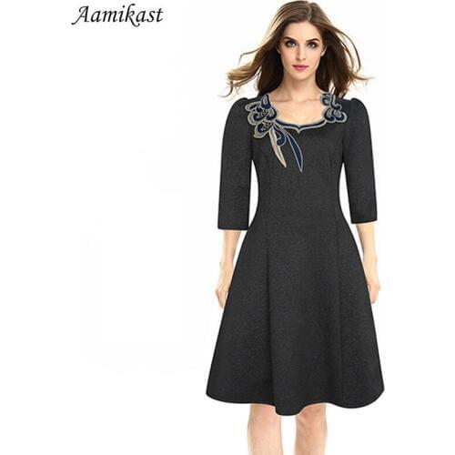 Womens Elegant Applique Flower Embroidery Square Collar Office Dresses Bodycon Female 3/4 Sleeve Sheath Vintage Women Dresses