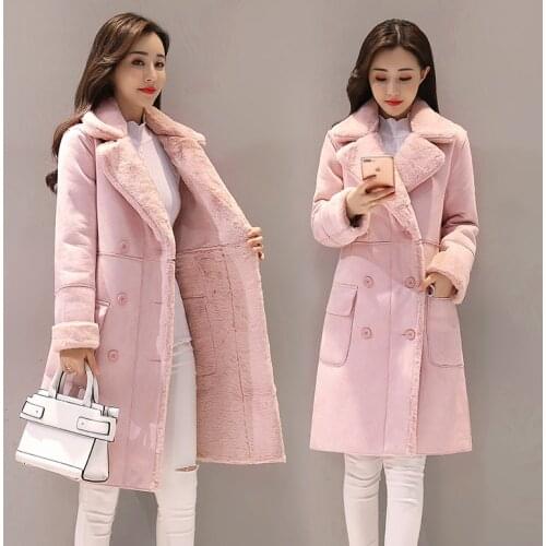 2021 Winter Medium Long Lamb Wool Coat Plush Thickened Large Collar Fitted Double Breasted Loose Pink Overcoat Ladies Coats