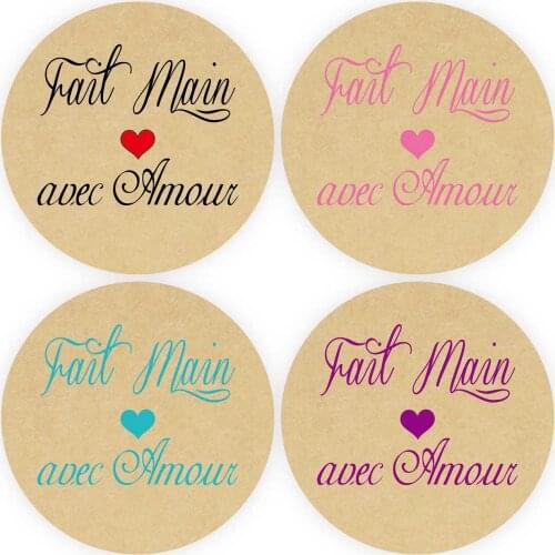 DouxArt 100 Pieces 4CM Stickers Fait Main avec Amour, Kraft Paper Wedding Marriage Anniversary Communion Party Labels Seals