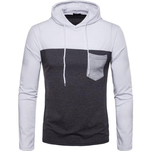 Mens Hooded T-Shirt Long Sleeve Color Matching Pullover T-Shirt with Drawstring Casual Patchwork Slim Type Tops