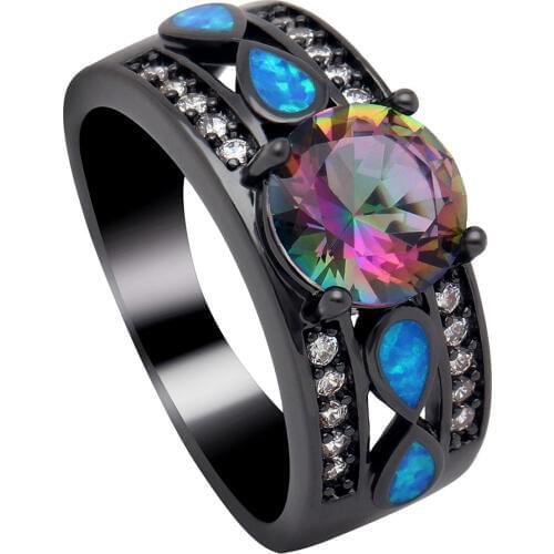 Hainon Luxury Opal Fire Rings Jewelry Women Wedding Rainbow Opal Rings Colorful Blue Pink CZ Black Gold Filled Engagement Ring