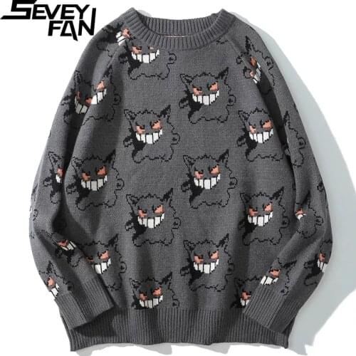 SEVEYFAN Mens Cartoon Ghost Sweaters Hip Hop Oversize O Neck Knitwear Couples Casual Cotton Pullover